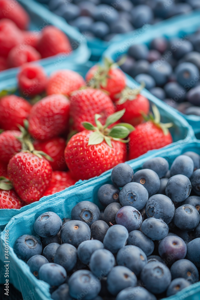 Strawberry and blueberry in containers for sell on market Strawberry and blueberry in containers for sell on market