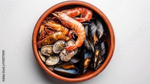 Seafood Extravaganza: Indulge in a culinary delight with a bowl showcasing an array of fresh seafood, from succulent shrimp to briny oysters, creating a visual feast against a clean white background. 