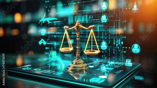 Digital scales of justice on tablet screen. Law and justice concept.  Rendering photo