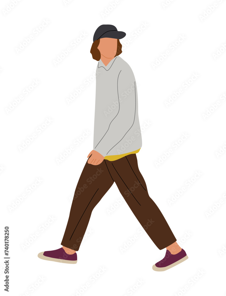 Young man walking. Handsome stylish guy in street fashion modern clothes side view. Cartoon male character Vector realistic illustration isolated on white background. 
