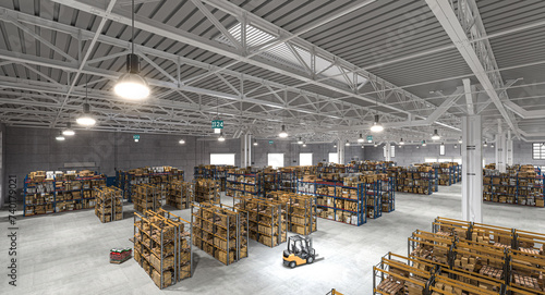 large warehouse with many shelves and goods to be shipped. factory concept and shipping.