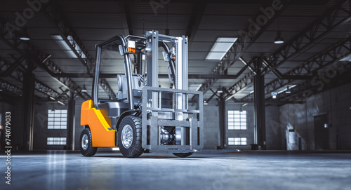 detail of a forklift inside an empty warehouse.