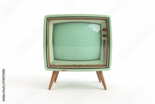 A quaint, small green television is positioned delicately on top of a charming wooden stand. The contrast between the vintage TV and the rustic stand adds character to the scene