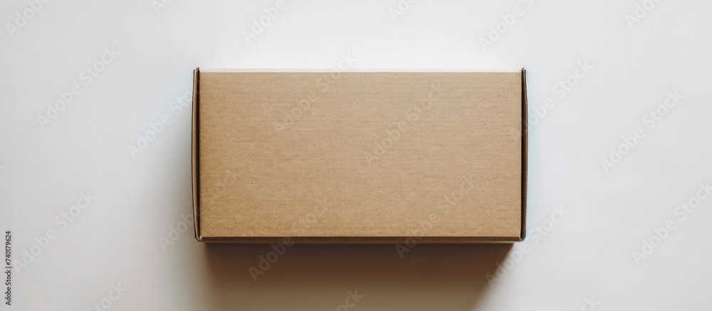 A brown cardboard box is seen placed on top of a clean, white wall. The box is rectangular and stands out against the plain background. A brown cardboard box is seen placed on top of a clean, white wall. The box is rectangular and stands out against the plain background.