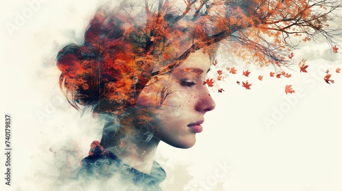The double exposure combines a woman's face and a branching tree with yellowed foliage. The concept of the unity of nature and man. The vitality of the human soul in nature illustration. Autumn.