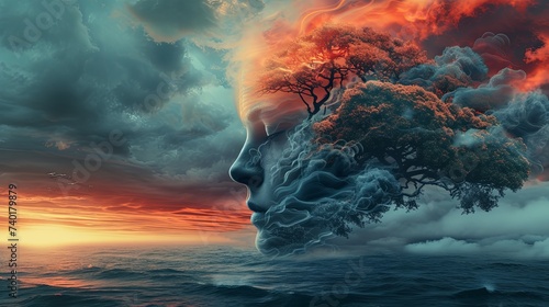 Double exposure combines a woman's face and a seascape with sunset. Panoramic view. The concept of the unity of nature and man. Computer graphics. Illustration for cover, card, interior design, etc. photo