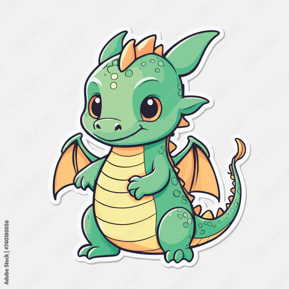 Fototapeta premium Adorable green cartoon dragon with orange wings and playful expression on a white background.