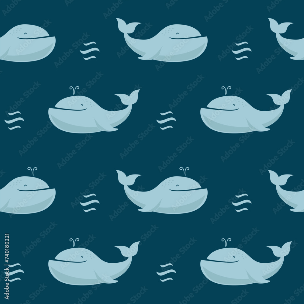 Obraz premium Cute cartoon whale with wave. Vector seamless pattern