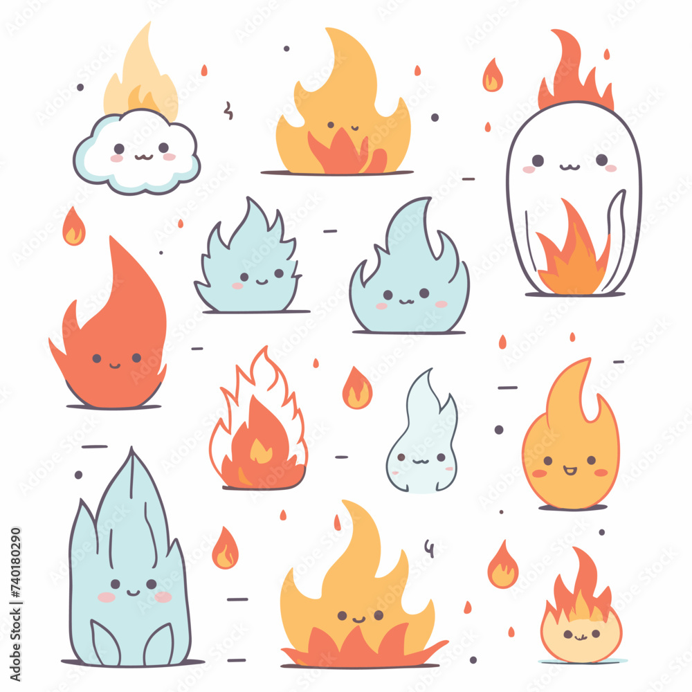 A charming collection of cartoon flames and clouds with happy faces, showcasing diverse colors and expressions on a white background. A charming collection of cartoon flames and clouds with happy faces, showcasing diverse colors and expressions on a white background.