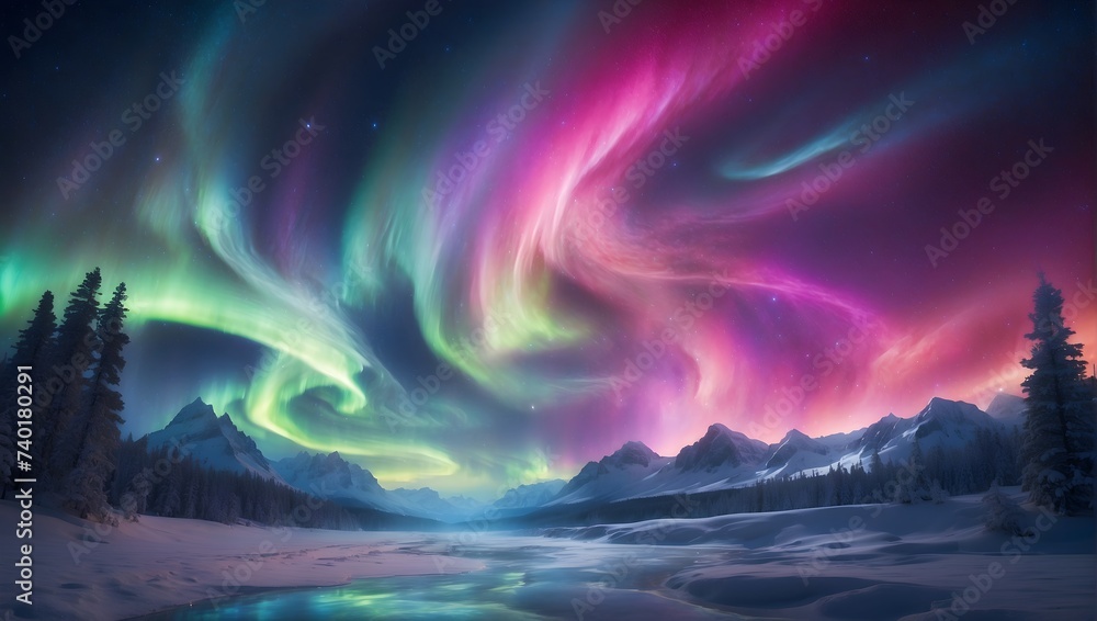 Ethereal aurora borealis dancing across the night sky, swirling ribbons of color illuminating the darkness, a captivating display of natural wonder and magic. generative AI