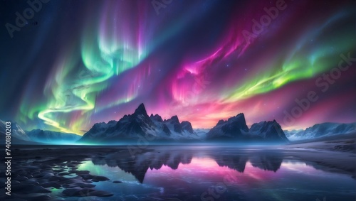 Ethereal aurora borealis dancing across the night sky, swirling ribbons of color illuminating the darkness, a captivating display of natural wonder and magic. generative AI © Zohaib