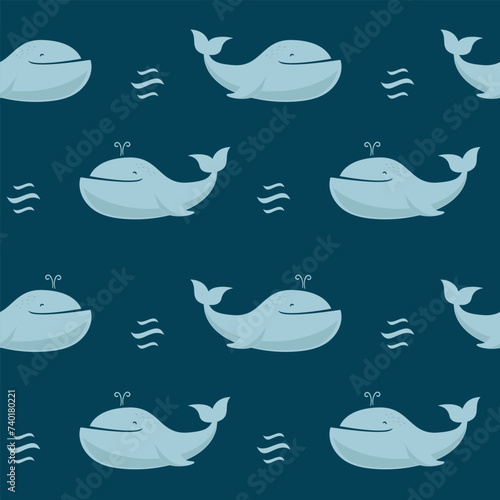 Cute cartoon whale with wave. Vector seamless pattern