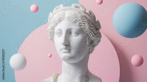 Art composition with balls and sculptural female head in antique (Greek, Roman) style. Beauty in stone. Illustration for cover, postcard, greeting card, interior design, etc.