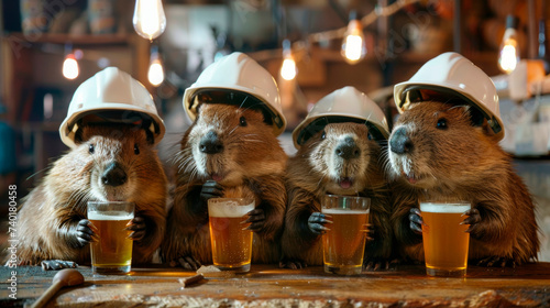 A cheerful group of beavers in white helmets drink beer and relax in a cafe after a work shift. Day of the builder and miner.