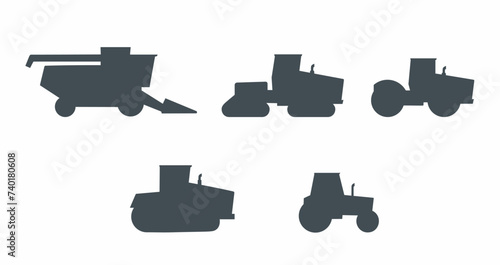 Agriculture and agricultural machinery vehicles flat icons collection silhouette set. Harvester, tractor. Agronomy.Farm.Vehicle for field farming work and land processing. Isolated vector illustratio