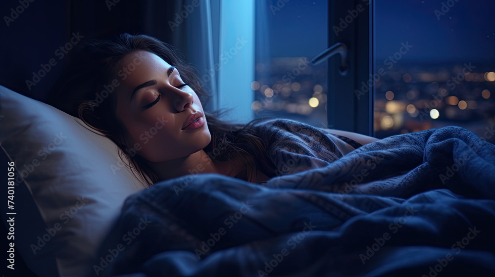 Beautiful Young Woman Sleeping Cozily on a Bed in His Bedroom at Night. Blue Nightly Colors with Cold Weak Lamppost Light Shining Through the Window Beautiful Young Woman Sleeping Cozily on a Bed in His Bedroom at Night. Blue Nightly Colors with Cold Weak Lamppost Light Shining Through the Window