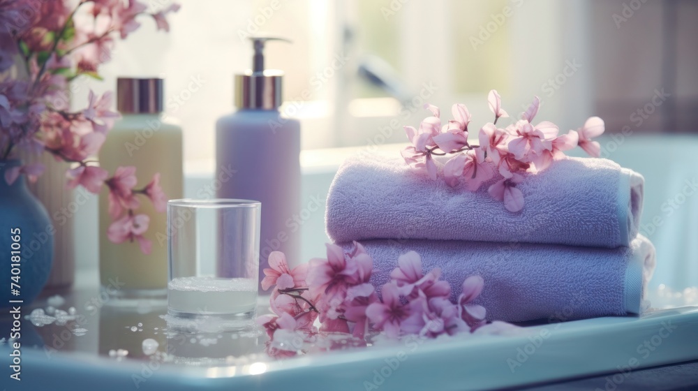 SPA natural organic cosmetics packaging design. Glass cosmetic bottles, moisturiser cream, towel flowers. Realistic, detailed for package, advert SPA natural organic cosmetics packaging design. Glass cosmetic bottles, moisturiser cream, towel flowers. Realistic, detailed for package, advert