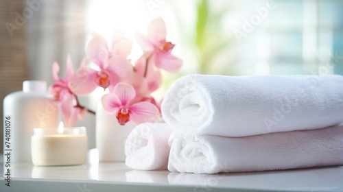 SPA natural organic cosmetics packaging design. Glass cosmetic bottles  moisturiser cream  towel flowers. Realistic  detailed for package  advert