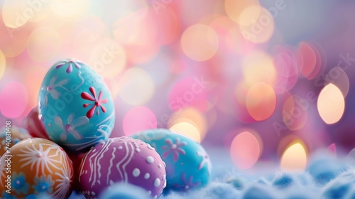 Festive Easter egg arrangement with vibrant bokeh lights on a purple background. Colorful painted Easter eggs with sparkling bokeh for a joyous holiday celebration.