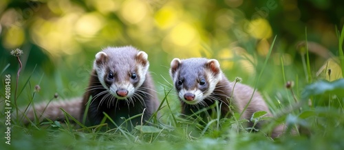 Two ferrets, part of a playful pair, are standing in the grass of a summer garden.