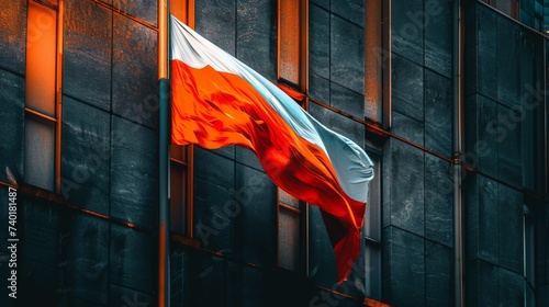 Polish flag waving against modern architectural building. Contrast of traditional national symbol and contemporary city architecture in Poland.