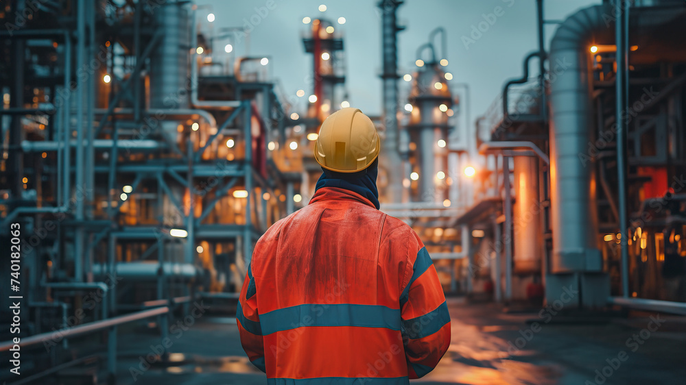 A back view of an engineer in high-visibility clothing observing the illuminated complex of a refinery at night, representing industry, safety, and technology. A back view of an engineer in high-visibility clothing observing the illuminated complex of a refinery at night, representing industry, safety, and technology.