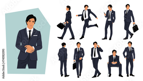 Set of Businessman character in different poses. Handsome young asian man wearing formal suit standing, walking, with phone, briefcase front, back, side view. Vector realistic illustration isolated. photo
