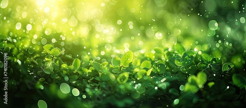 This close-up photo showcases the vibrant green leaves adorned with sparkling water droplets.