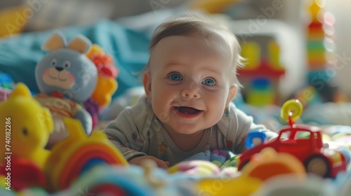 happy little baby surrounded by toys, baby's development and happiness