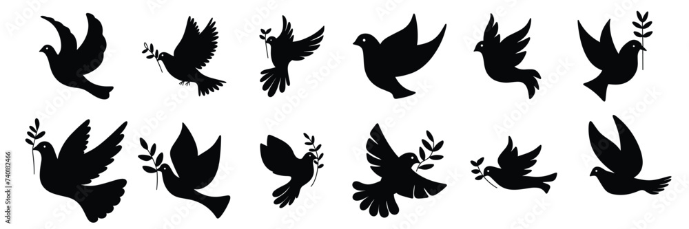 Fototapeta premium Collection of dove silhouette. Set dove of peace silhouette isolated on white background. Hand drawn vector art.