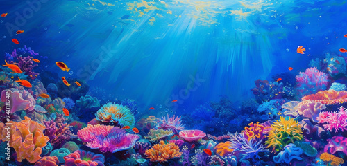 A vibrant coral reef, teeming with colorful aquatic life, set against a background of deep, royal blue © Counter