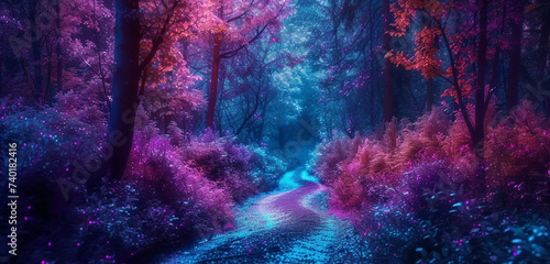 A mystical forest path, with trees and foliage glowing in ethereal amoled hues against a pitch-black background, visualized in rich 3D, 8K resolution