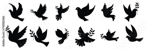 Collection of dove silhouette. Set dove of peace silhouette isolated on white background. Hand drawn vector art.