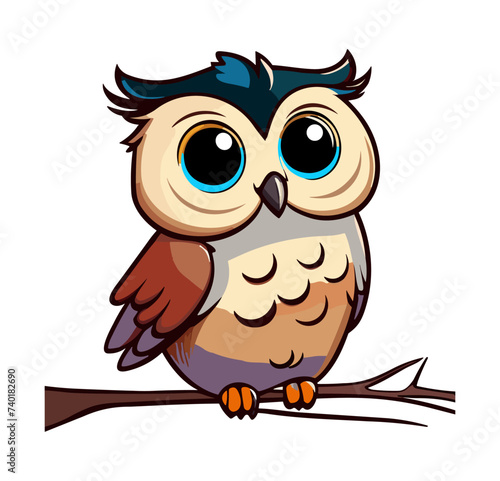 Cute funny cartoon owl sitting on branch. Forest bird or animal character. Decorative and style toy, doll. Childrens vector illustration for print or sticker isolated on White background.