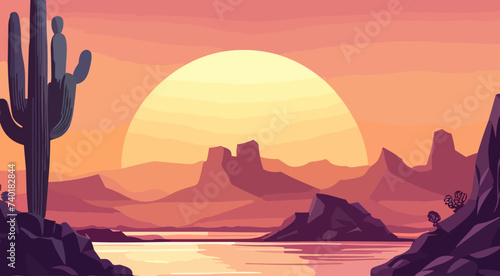 Desert landscape abstract art background. Texas western mountains and cactuses. Vector illustration of Wild West desert with red sky and sun. Design element for banner  flyer  card  sign template.