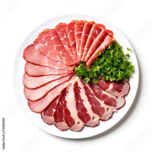 Cured Meat Mixed, Italian ham sliced cutout minimal isolated on white background. Spanish cures meat, Italian slices of coppa, ham. Realistic, detailed for grocery product advertising.
