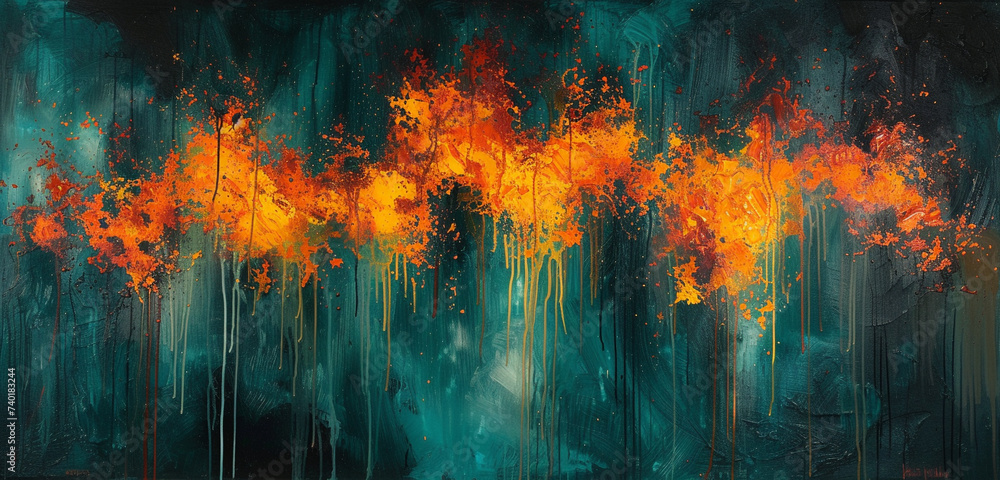 A vibrant explosion of abstract, drippy paint, with hues of bright orange and yellow clashing against a cool, dark teal background, embodying a fiery chaos