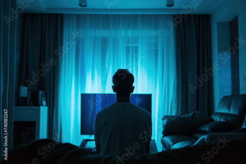 An image of a person sitting in a dark room, with the curtains drawn and a TV screen casting a blue light.