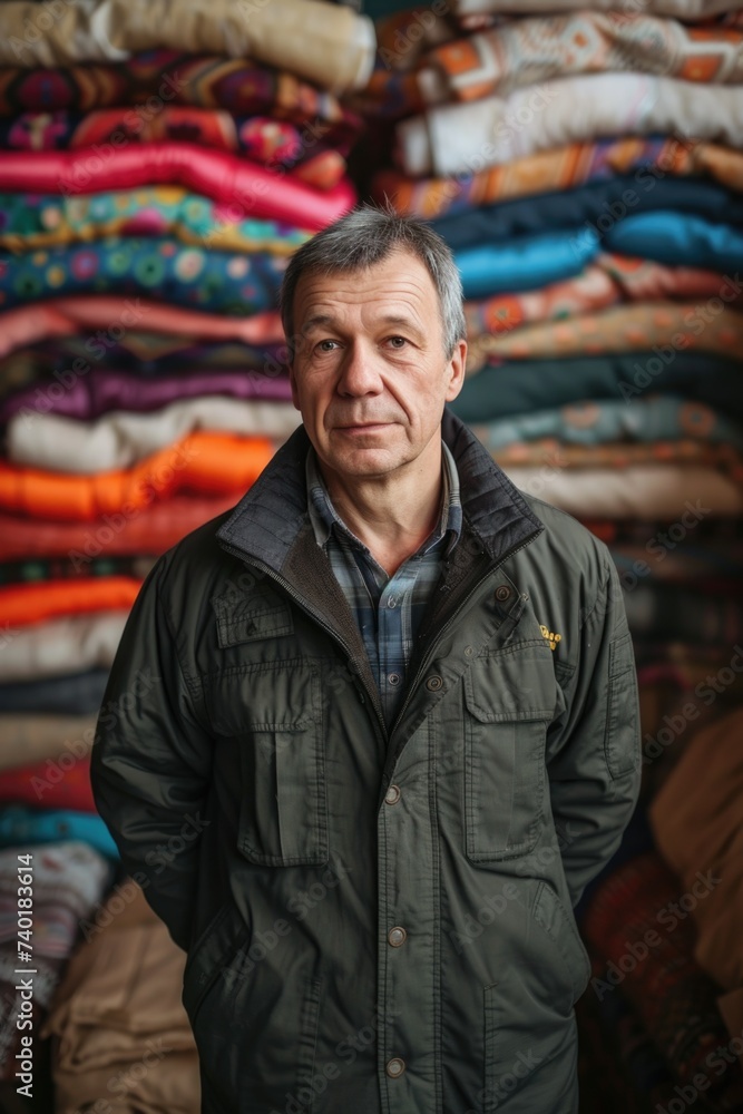 Seller at the market. Tissue. Bags of goods. Wholesale market. Working man. Loader.