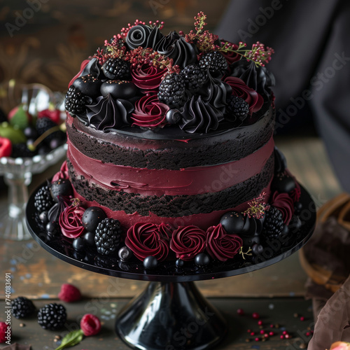 elegant dark Victorian red velvet cake with black frosting photo