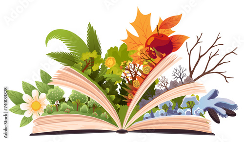 Book four seasons. Fairy tale story about four seasons, summer, winter, spring, autumn. Open book with different season on pages. Reading fantasy storybook about nature.  illustration photo