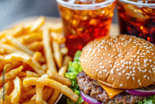 close-up of a fast food meal with a burger, fries, and a soda