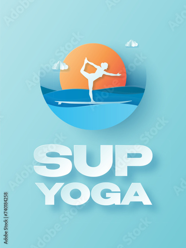 SUP yoga poster. Stand up paddleboard yoga illustration with a silhouette on a SUP board meditating at sunset. Vintage paper art banner