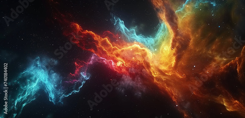 A vibrant nebula in deep space with swirling amoled colors on a black background, capturing the chaotic beauty of the cosmos in high definition 3D, 8K resolution
