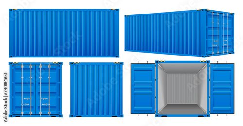 Logistic cargo containers. Front, side back and perspective view. Shipping, transportation and delivery concept. Realistic 3d templates isolated on white background