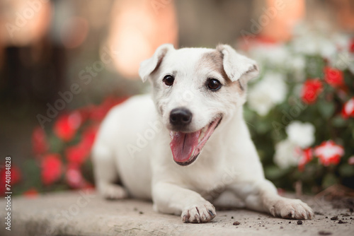 a jack russell terrier dog lying next to flowers in a city park photo