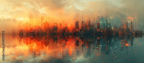 The vibrant cityscape glows with fiery hues as the clouds and skyscrapers reflect upon the calm lake, enveloped in a hazy fog, creating a mesmerizing outdoor landscape at sunset