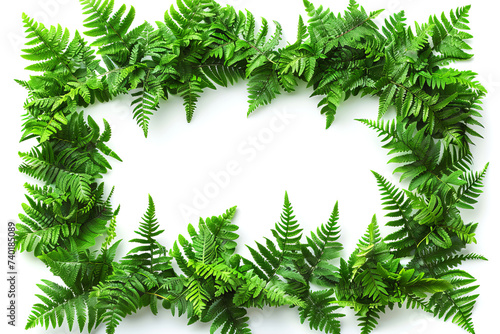 Beautiful frame with green plants isolated on white background with space for text or inscriptions, top view
