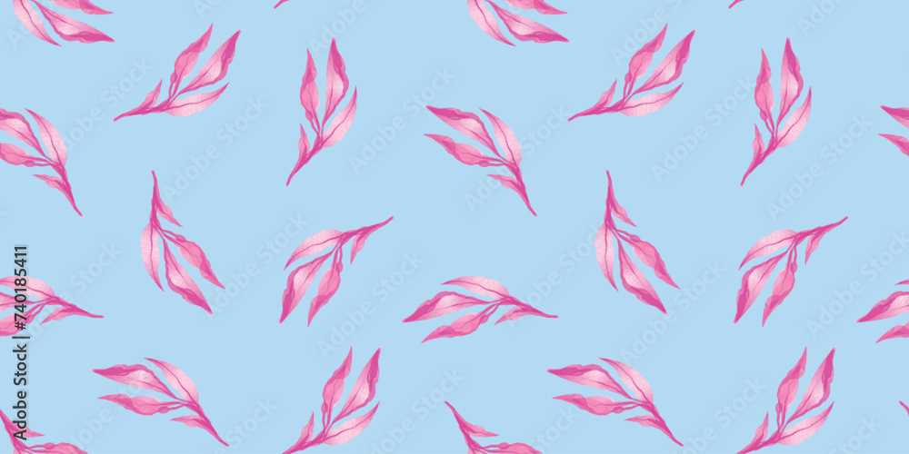Elegant watercolor floral seamless patter on blue background. leaves watercolor ornament