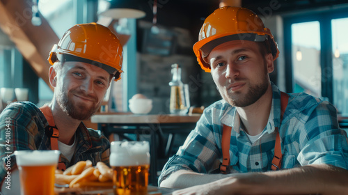 Happy construction workers drink beer in a cafe after a hard day's work.